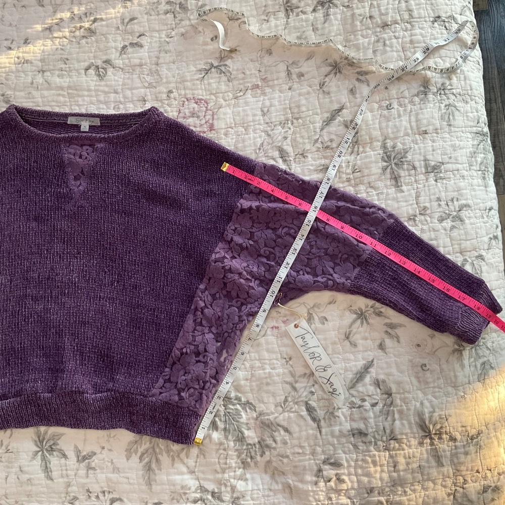 Taylor & Sage Chenille Sweater with Lace Plum Purple NWT Medium Lightweight - Picture 6 of 8